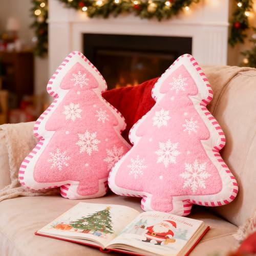 Lanpn 2 Stück Weihnachtsbaum Kissen Weihnachtskissen, Schneeflocke Weihnachts Kissen Dekokissen Flauschiges Zierkissen für Geschenk Party Bett Sofa Couch Innenbereich Weihnachtsdeko (Rosa, 43x49cm)