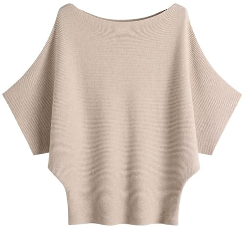 SUNSESS Batwing Sleeve Jumper for Women Boat Neck Off Shoulder Loose Knitted Pullover Sweaters Casual Top (UK, Alpha, One Size, Regular, Regular, Standard, Khaki)