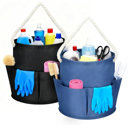 2 Pcs Cleaning Caddy with Handle, 17 Liters Foldable Cleaning Caddy Bag Multi Pocket Storage Basket for Home, Kitchen, Bathroom Professional Cleaning Supplies