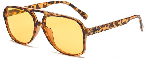 RUNHUIS Vintage Herren Polarisiert Sonnenbrille Damen Retro Oval 70er überdimensional Klassisch Pilotensonnenbrille UV400 Schutz (Leopard/Gelb)