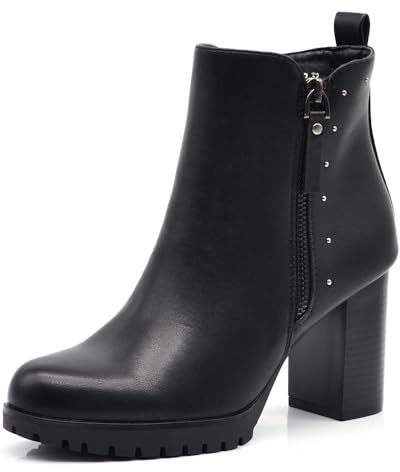 IF Stivaletti da donna con borchie decorativa tronchetti tacco alto largo platform carrarmato 9115-7 nero N.40