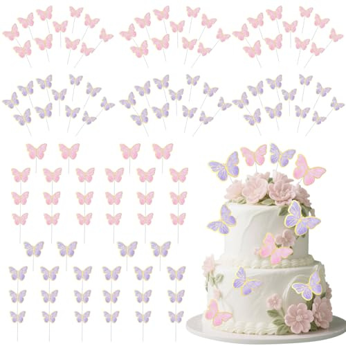 MLPKOI 100Pcs Butterfly Cake Topper, Mixed Size Butterfly Cupcake Toppers Butterfly DIY Cake Decoration for Family Cupcake Wedding Cake Birthday Party Food Decoration
