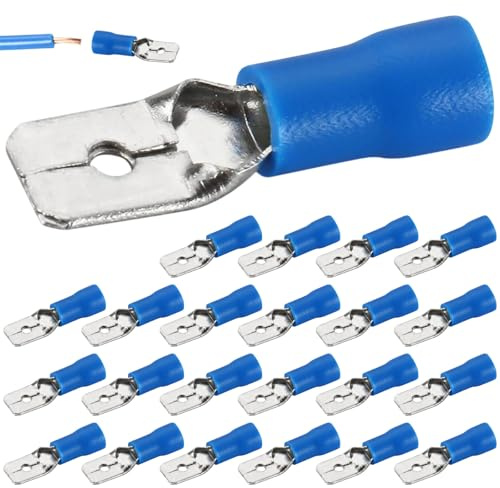 Whispern Cloud 100 Pack Blue 6.3mm Male Insulated Crimp Spade Connectors, 14-16AWG Quick Disconnect Electrical Terminals for DIY & Automotive Repairs
