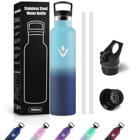 JAPORIA Botella Agua Termica 1L, Cantimplora Termica con Pajita, sin BPA, Reutilizable, Termo para Oficina, Bicicleta, Escuela, Colegio