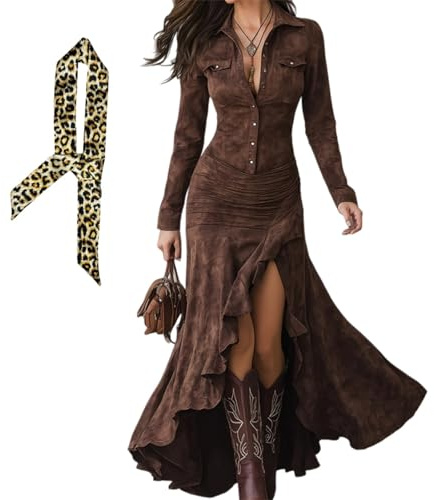 Abito da donna vintage in pelle scamosciata western, scollo a V, a maniche lunghe, con bottoni, abito da cowgirl in finta pelle scamosciata, Marrone scuro, M