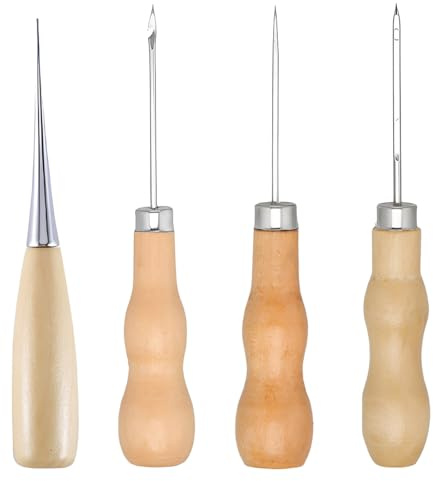 PHYNDR 4 Pezzi Punteruolo con Manico in Legno, Bulino in Pelle, Professionale per Cucito, Set per Cucire con Punta Rotonda e Aghi per Punzonatura, Cucire e Punzonare la Pelle