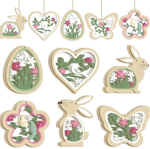 Reccisokz 24 decorazioni primaverili da appendere, ciondoli decorativi primaverili, ciondoli pasquali in legno, coniglietti pasquali, uova di Pasqua, decorazioni pasquali