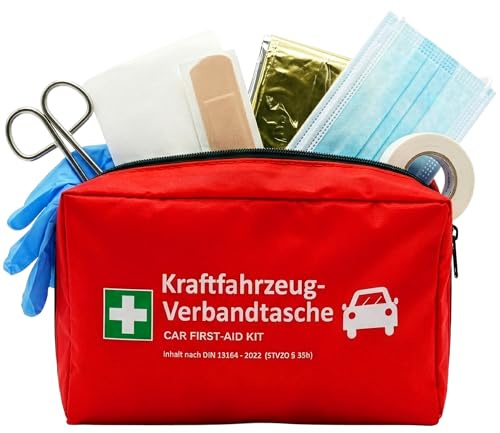 Floordirekt Botiquín de primeros auxilios para coche según la norma actual 2026 – Utilizable en la UE – Kit de primeros auxilios para coche DIN 13164:2022 – Conforme a la normativa alemana StVO