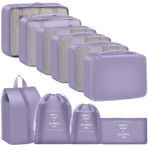 Resväska arrangör set, 10 stycken packningskuber för resväska resetillbehör bagageorganisatör set klädväskor packkub kosmetika researrangör packväskor för resväskor mörklila