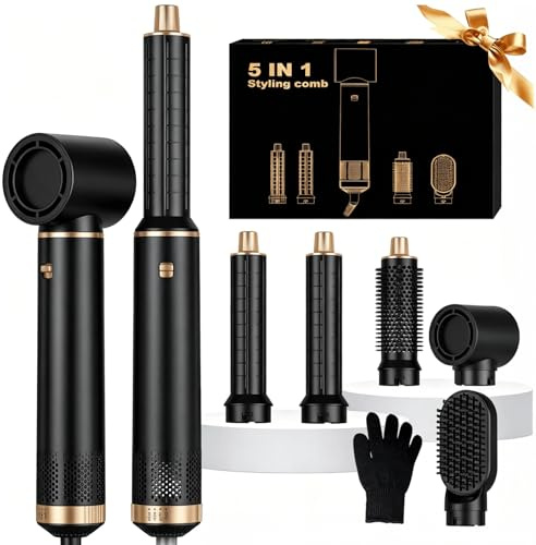 UKLISS Asciugacapelli 5 in 1 Spazzola Asciugacapelli - Hairstyler Airstyler 5 in 1 con 1000 W Asciugacapelli, Airflow Ricci per Capelli, Spazzola ad Aria Calda, Spazzola Lisciante - Nero
