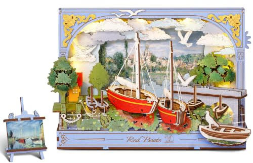 ROBOTIME 3D Holz Puzzle Red Boats, DIY Holzmodell für Erwachsene, Wanddeko zum Aufhängen mit LED Licht, Kunst Puzzle inspiriert von Monet, Bastelset und Geschenk für Kunstliebhaber