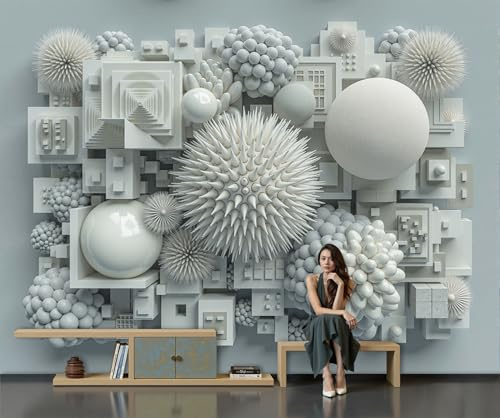 JRZEOCI Abstract 3D Relief Panoramic Silk Wallpaper,Square Geometry Photo Wallpaper Mural,Off Light Gray Wall Poster Art Photo Poster Decoration for Living Room Bedroom Office - 350x256cm