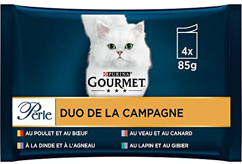 GOURMET | PERLE | Duo de la Campagne | Chat Adulte | Poulet et Bœuf, Veau et Canard, Lapin et Gibier, Dinde et Agneau| Sachets Fraîcheur | Lot de 12 x (4 x 85 g)
