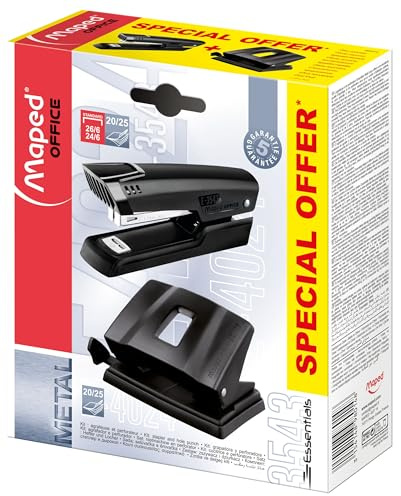 Maped - Material de Oficina - Set Essentials Metal - Grapadora de Manual Half Strip - Perforador de Papel para 20/25 Hojas - Diseños en Color Negro