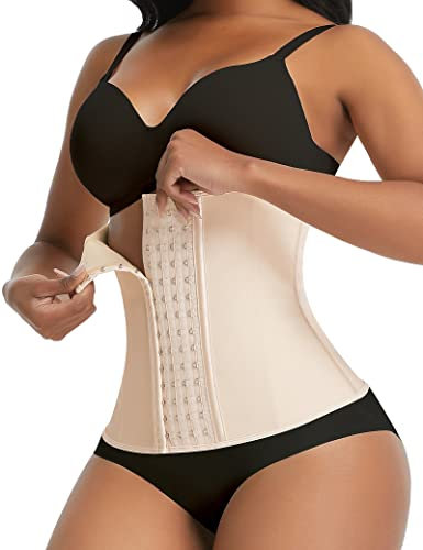 FeelinGirl Waist Trainer Damen Korsett mit 4 Reihen Haken Bauchweg Taillenmieder aus Latex Unterbrust Korsage mit 9 Stahlknochen Beige L