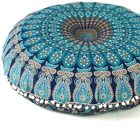 Eyes of India Mandala-Bodenkissenbezug, Meditationskissen, Sitzüberwurf, Hippie, rund, bunt, dekorativ, Bohemian, Boho, Hundebett, indischer Pouf, Baumwolle, A1 Blau 1, 32 in. (80 cm) Diameter
