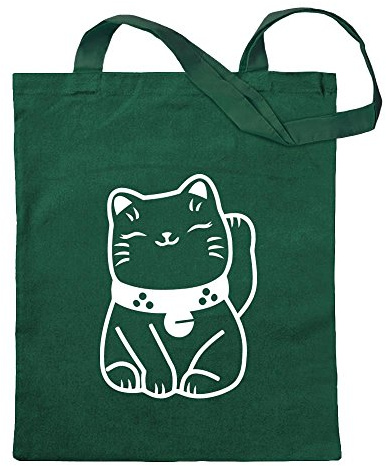 Kiwistar - Baumwolltasche - waldgrün - Winkekatze Maneki - Neko - Tragetasche Stoffbeutel Umhängetasche Langer Henkel