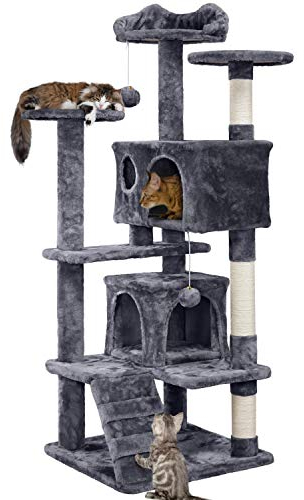 Yaheetech Árbol Rascador para Gatos 139cm con 3 Plataformas 2 Nidos 2 Pompones Torre de Escalador con Postes en Sisal Ideal para 3-4 Gatos Gris Oscuro