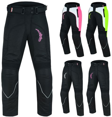 PROFIRST Textile Motorbike Motorcycle Ladies Trousers Waterproof CE Approved Armored Trouser Pant with Detachable Lining (32” Length) (Black with Pink Flower, L)