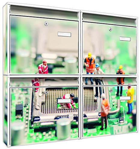 banjado Briefkastenanlage 4 Fach - Postkästen groß - verzinkter Stahl weiß DIN A4 Motiv Prozessor - Briefkasten Set 4 Briefkästen Namensschild, 2 Schlüssel, Montagematerial
