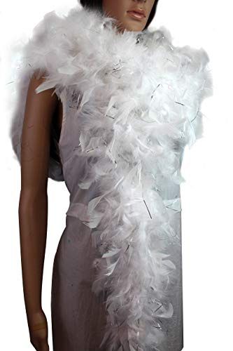 Flydreamfeathers 80gram Chandelle Feather Boa, Color Blanco con oropel Plateado, 72 Inch Long, 80 gram Weight Mujeres