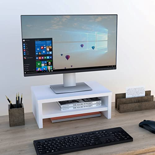 Henor. Monitorständer mit Mittelablage. TV Bildschirmerhöhung. Holz. 42 x 26.5 x 16 cm. Tragt 50 kg. Weiß
