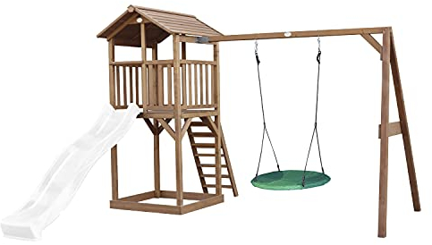 AXI Beach Tower Spielturm aus Holz in Braun | Spielhaus für Kinder mit weißer Rutsche, Nestschaukel und Sandkasten | Stelzenhaus für den Garten