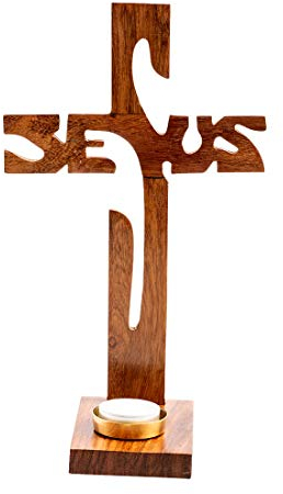 NKlaus Standkreuz Jesus Höhe 29cm Stehkreuz aus Holz lackiert für Teelicht Ø 4-4,5cm