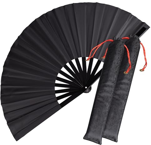 HONSHEN Faltbarer Handventilator mit Bambus, chinesischer japanischer Fächer für Festival, Tanz, Geschenk, Aufführung, Dekorationen (Schwarz, 2p + Etui)