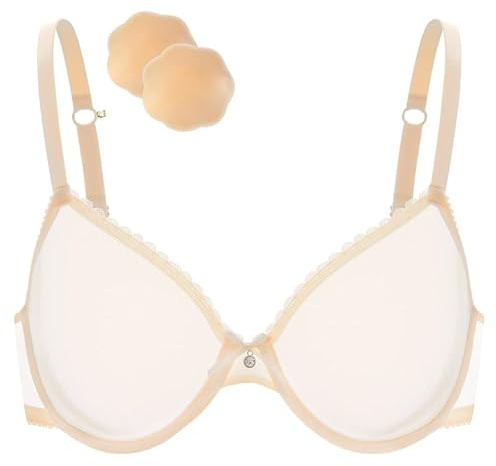 Wingslove Soutien-Gorge Transparentavec Armature Sexy Sein Nu Dentelle avec 1 Paire AdhéSif Cache-TéTons