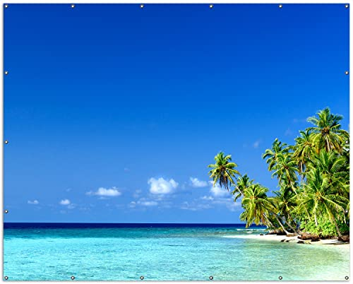 Wallario XXL Outdoor-Poster für Garten oder Balkon Blauer Himmel weißer Strand Palmen und das tiefblaue Meer, Motivbanner Größe: ca. 250 x 200 cm, Outdoor-Bild