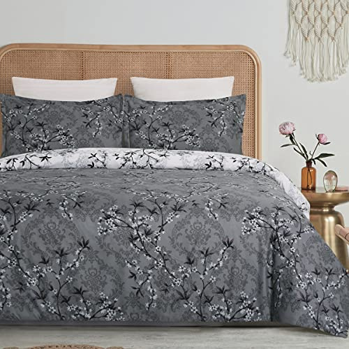 YEPINS Soft Brushed Microfiber Duvet Cover Set with Zipper Closure and Corner Ties, Branch Floral and Paisley Printed Pattern, Reversible Design, Gray and White Color-Double Size
