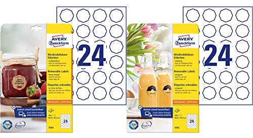 AVERY Zweckform Marmeladenetiketten Art. 5084 (240 Aufkleber ablösbar, 40,8x40,3mm auf A4) 10 Blatt weiß & Flaschenetiketten Art. 5082 (240 Aufkleber ablösbar, 40,8 x 40,3mm auf A4) 10 Blatt weiß