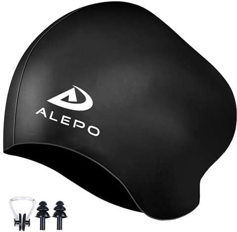 Alepo Badekappe Damen Lange Haare, Hochelastische Dicke Silikon Schwimmkappe Damen Herren Unisex Erwachsene, Badehaube Bademütze mit Ohrstöpseln Nasenclip, Halten Sie Ihr Haar Trocken(Schwarz)