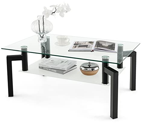 COSTWAY Table Basse en Verre Trempé Rectangulaire, 2 Niveaux, Pieds en Fer