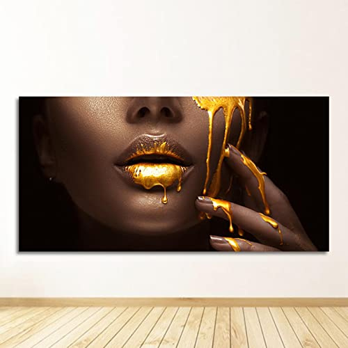 GEMMII Schwarzes Frauengesicht mit goldener Flüssigkeit Wandbild Druck auf Leinwand XXL,Gemälde Wandposter und Drucke Bilder für Wohnzimmerdekoration 80 x 160 cm Rahmenlos