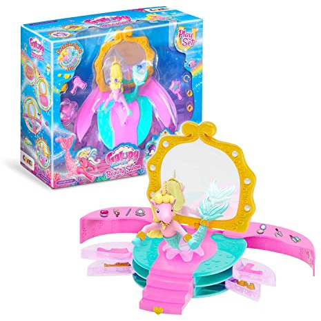 Galupy Mermaid Beauty Salon - Faltbares Spielset mit Meerjungfrau Einhorn | Inklusive Iris Sammelfigur mit Swarovski Kristall, Blumendrehstuhl, Spiegel und Schubladen für kreatives Rollenspiel