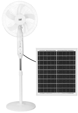 Bilake Ventilador de Pie Solar Boreal 30W DC, Batería Litio 9h, Panel Solar, Puerto USB, Cable 4,2m, 3 Velocidades, 5 Aspas, Blanco