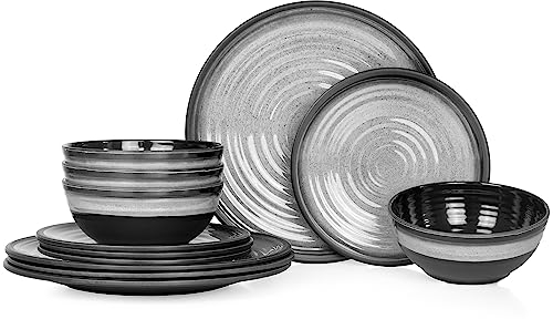 Moritz Vaisselle de table de camping en mélamine pour 4 personnes - 12 pièces - Passe au lave-vaisselle - Service de pique-nique - Vaisselle de camping - Design gris pierre