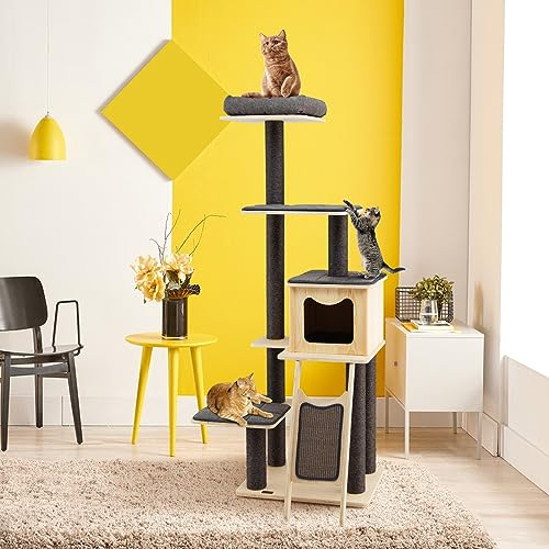 COSTWAY Kratzbaum Holz, 175 cm hoch, Katzenbaum mit Katzenhöhle, Sisalstämmen, Plattformen & Kratzbrett, 6-stöckiger Katzenkratzbaum Groß, modern, Katzenmöbel Katzen, Grau+Beige
