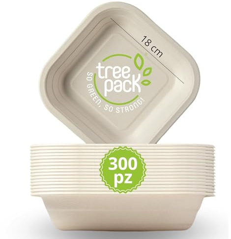 TREEPACK - Piatti Usa e Getta Compostabili 300Pz, Piatti Monouso in Bamboo e Canna da Zucchero, Biodegradabili per Microonde, Capacità 530 ml, Resistono da -18 °C a +200 °C, 18 x 18 x 3,6 cm