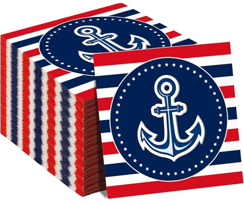 50 Pack Nautical Anchor Disposable Napkins - Sailor, Boat, Ship Party Paper Napkins for Boy, Girl, Baby Shower Decorations