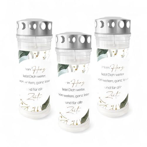 DOLORINO Grablicht mit Spruch Mein Herz liebt Dich weiter, von weitem, ganz leise und für alle Zeit | Eukalyptus Kranz | 3er Set | 7-Tage Brenner | Öl-Licht in deutscher Qualität