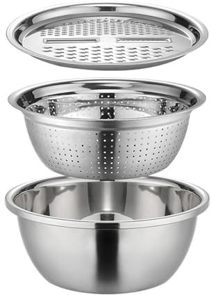 Xistuoz Edelstahl Seiher und Schüssel und Reibe Set, Küchensieb Nudelsieb Reis Waschschüssel Salat-Sieb Rührschüssel Set, Stapelbares Edelstahl Schüsselset