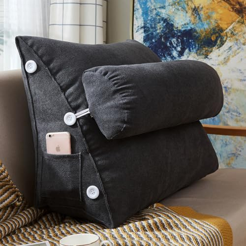 Dreieckige Positionierungsrolle, Lesekissen, ergonomisches Sofa-Ruhekissen mit Nackenstütze, Gaming-Relax-Rückenlehnenkissen für Zuhause und Büro (Dunkelgrau, 60 x 22 x 50 cm, ohne Nackenstütze)