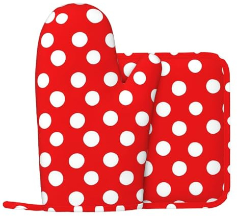 Ofenhandschuhe und Topflappen, Set mit roten und weißen Punkten, hitzebeständige Küchenhandschuhe, rutschfeste Grillhandschuhe, wasserdicht, heiße Pads für Grillen, Kochen, Backen, Küchendekoration, 2