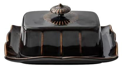 SaiDuoDuo Beurrier en céramique, pot à beurre Vintage avec couvercle, rangement de gardien de récipient à beurre - Lavable au lave-vaisselle,Noir