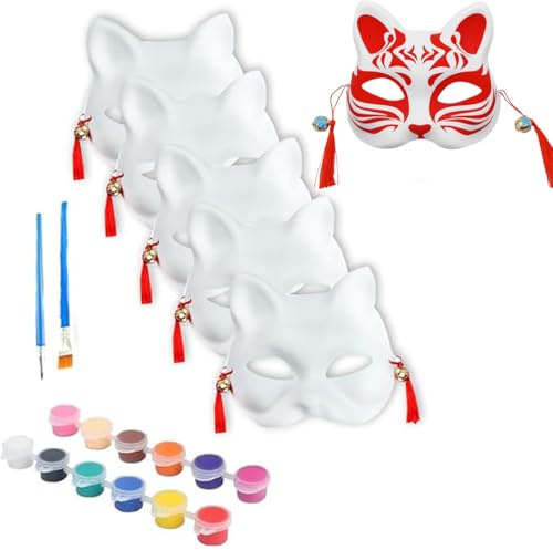 Koonafy 5 Stück Blank Katze Fuchs Maske, Therian Mask, Inklusive Pinsel, Farbe und Glöckchen, Unbemalte DIY Papier Maske für Halloween Cosplay Maskerade Party Maskenball Masken