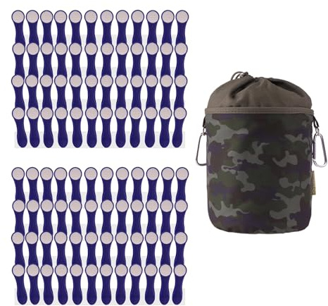 96 Wäscheklammern Wäscheclips mit Spiralfedern aus Edelstahl und Softgrip Indigo Weiß und 1 bellaCott Wäscheklammerbeutel Camouflage