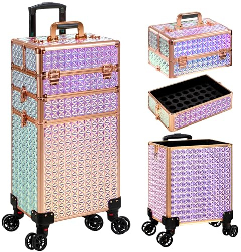 JINGUAN 3 in 1 Rolling Makeup Train Case Professional Large Cosmetic Trolley Cosmetology Case on Wheels Traveling Cart Trunk for Hairstylist Artist Nail Beauty Salon Barber, Colorful, Professional